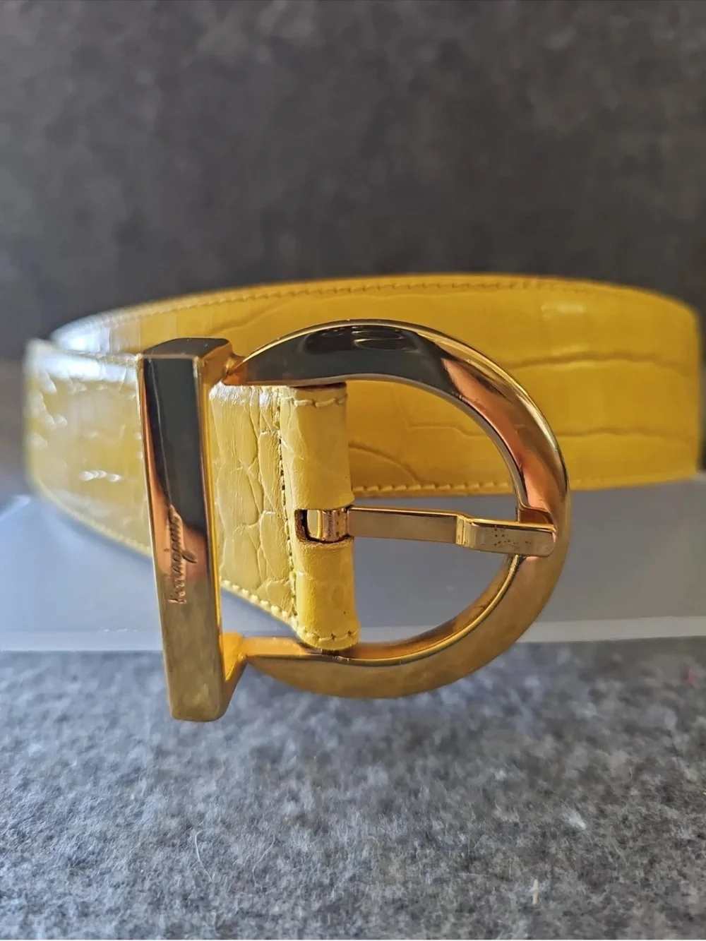 Salvatore Ferragamo Yellow Croc-Embossed Leather Belt with Gold Gancini Buckle